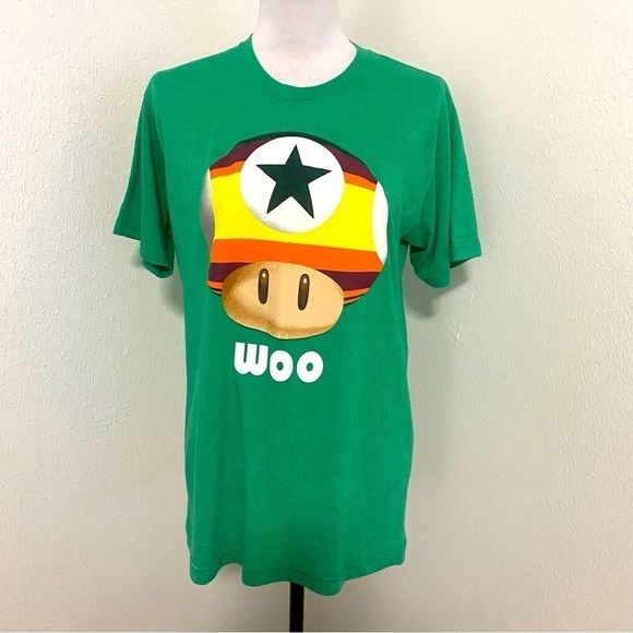 Tultex Nintendo Astros “Woo” Mushroom Super Mario Shirt Medium Green Soft Tee - Picture 2 of 6